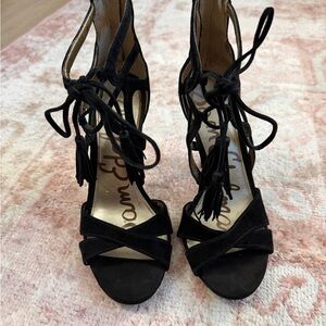 Sam Edelman Black Suede Lace-Up Tassel Heeled Sandals